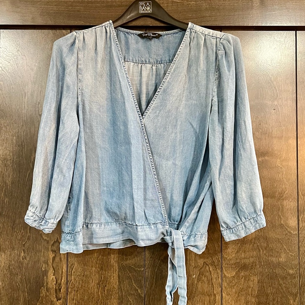 Velvet Heart Blue Puff Sleeve Wrap Blouse